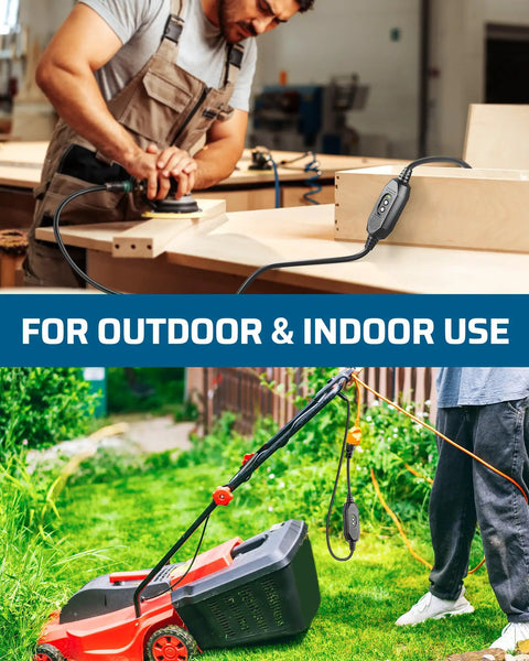 Heavy Duty Outdoor Extension Cord With Three Outlets Two Foot Long 12 Gauge Contractor Grade Power Cable UL Listed Tri Tap Splitter For Lawn Tools And Outdoor Appliances Weather Resistant And Safe in use with lawn mower and workshop tools.