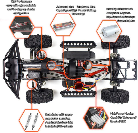 Top view of One Tenth Scale Rock Crawler 4WD Off Road Remote Control Truck with Powerful 550 Brushed Motor and 2500mAh Battery