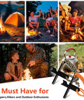 Collage of campers using Four Inch Long Ferro Rod Fire Starter Kit With Orange Paracord Lanyard Handle And Striker Three Eighths Inch Thick