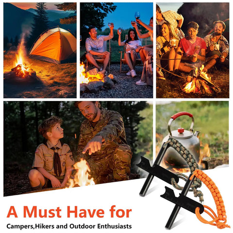 Collage of campers using Four Inch Long Ferro Rod Fire Starter Kit With Orange Paracord Lanyard Handle And Striker Three Eighths Inch Thick