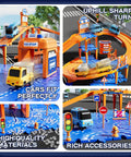 Totally Cool Puzzle Race Car Track Set For Kids Ages 3 To 8 DIY Floor Car Track Toy With Turns Ramps Road Signs 57 Piece Set Includes 2 Cars Great STEM Building Toy For Boys And Girls, featuring multiple track sections, road signs, and toy cars on ramps.