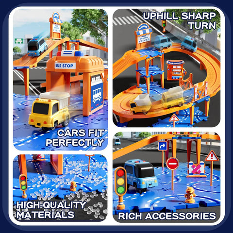 Totally Cool Puzzle Race Car Track Set For Kids Ages 3 To 8 DIY Floor Car Track Toy With Turns Ramps Road Signs 57 Piece Set Includes 2 Cars Great STEM Building Toy For Boys And Girls, featuring multiple track sections, road signs, and toy cars on ramps.