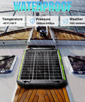 15W 12V Solar Battery Charger And Maintainer With Smart MPPT Controller on a boat deck in rain