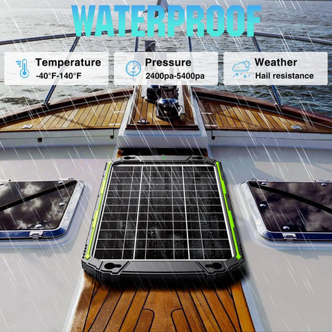 15W 12V Solar Battery Charger And Maintainer With Smart MPPT Controller on a boat deck in rain