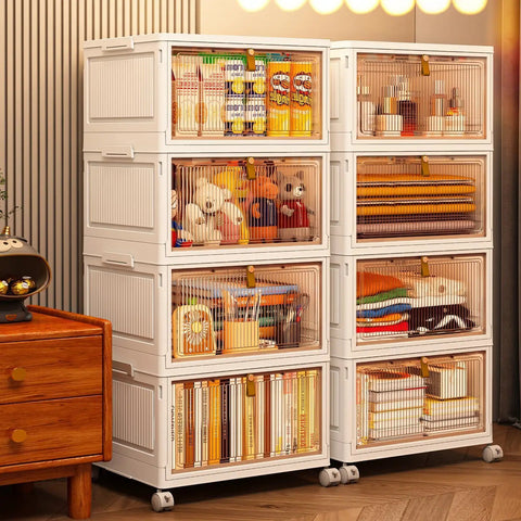 Four Tier Stackable Plastic Storage Bins With Lids, 27.5 Qt Per Bin, 110 Qt Total Capacity, shown in a living room setting.