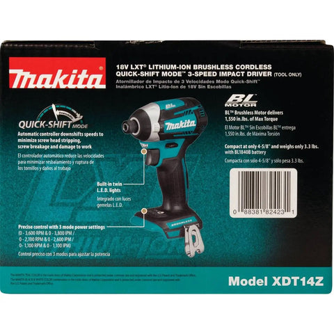 Box for 18V LXT Brushless Cordless Impact Driver with Quick-Shift Mode, 3-Speed Settings, Auto Downshift, Model XDT14Z