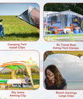 Camping tent with heavy duty tarp clips set of 6 with lock grip and thumb screws, used for secure tent fastening.