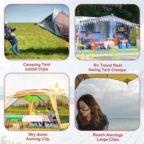 Camping tent with heavy duty tarp clips set of 6 with lock grip and thumb screws, used for secure tent fastening.