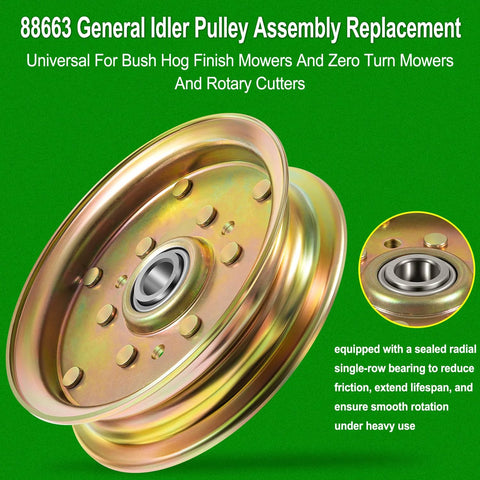 General Idler Pulley Assembly, gold metal wheel with sealed bearing, for Bush Hog finish and zero-turn mowers
