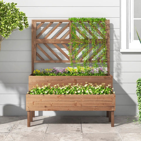 Raised Garden Bed With Trellis And Two Planter Boxes 2 Tier Outdoor Wooden Elevated Planter Box With Legs And Drainage Holes Built To Last From Durable Fir Wood For Flowers Herbs Vegetables And Fruits Brown