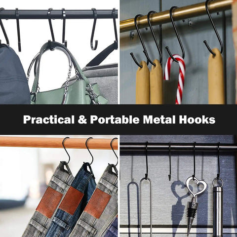 Practical and portable metal hooks displaying bags, clothes, and utensils on various bars in assorted settings.