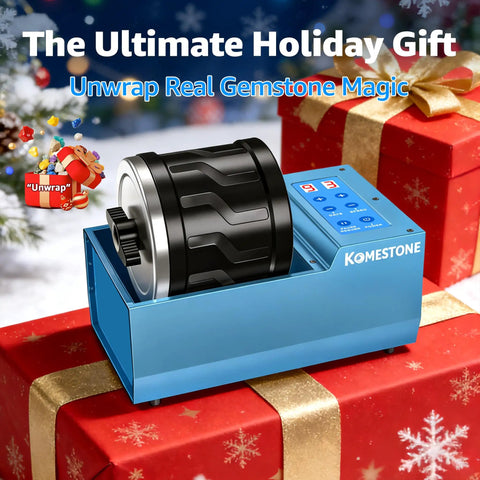 Beast Rock Tumbler Kit With 4Lb Large Capacity Barrel, Brushless Motor, displayed on gift-wrapped boxes.