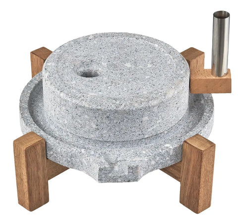 Manual Stone Grain Mill For Dry And Wet Grinding, granite stone grinder with stable wood base, home kitchen tool.