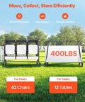 Heavy Duty Folding Chair Rack Cart For Event Spaces Haul 42 Chairs Or 12 Tables With 400 Lb Capacity Mobile Chair Storage Dolly Featuring Rubber Wheels And GrIPS Large Chair Holder Matte Black, shown holding chairs and table outdoors