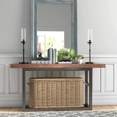 26.68-Inch Tall Table Lamp With Seeded Glass Shade In Blackened Bronze on a console table with decor in dining room