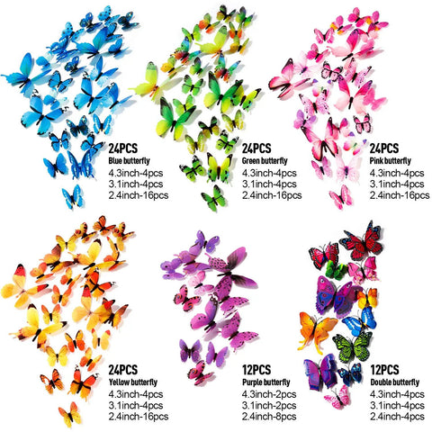 Variety of 3D colorful butterfly wall stickers in blue, green, pink, yellow, purple, and double patterns, for room decor use.