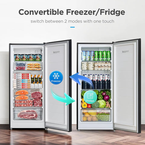 Big Capacity 7.1 Cu Ft Upright Freezer Refrigerator Convertible in Black with One Touch Switch, flexible shelves showcasing freezer and fridge.