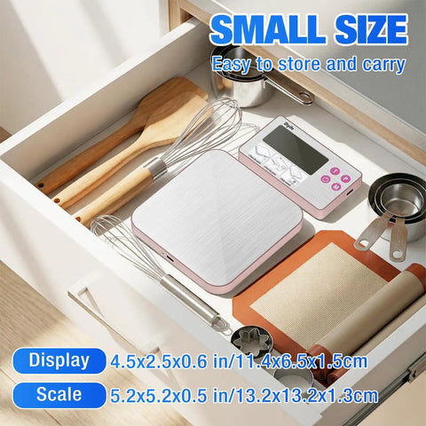 Pink 33lb Battery Powered Kitchen Scale With Detachable Display in a drawer, 304 Stainless Steel, 1g/0.1oz Precision, Tilt Stand
