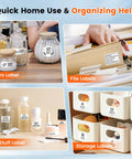 Bluetooth Label Printer M120 On The Go Portable Thermal Barcode Printer With App For 2 Inch Wide Labels Wireless Sticker Printer displaying various home and office labels on jars, files, bottles, and storage boxes.