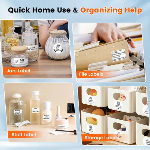 Bluetooth Label Printer M120 On The Go Portable Thermal Barcode Printer With App For 2 Inch Wide Labels Wireless Sticker Printer displaying various home and office labels on jars, files, bottles, and storage boxes.