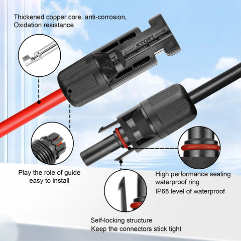 10 AWG Solar Panel Extension Cable 5Ft To 100Ft With Male And Female Connectors, Heavy Duty Solar Wire For RVs And Solar Systems, Tin Copper, Easy Plug And Play, Outdoor Rated, Long Lasting Performance featuring waterproof IP68 connectors and copper core.