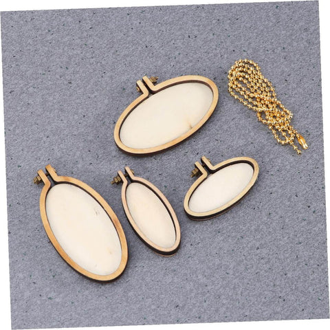 Five Piece Mini Wood Embroidery Hoops Set With Screws For Cross Stitch And DIY Needlework, shown in vertical and elliptical shapes
