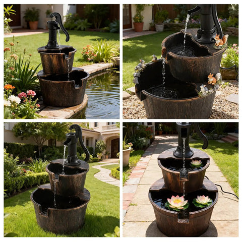 Three Tier Rustic Barrel Waterfall Fountain With Recirculating Pump For Outdoor Garden Patio Backyard And Porch 40 Inch Wooden Water Feature