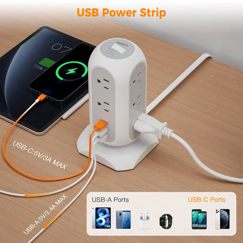 Flat Plug Power Strip With 11 Outlets And 3 USB Ports Including USB C Surge Protector 1625W 13A 1050J 6 Foot Extension Cord on desk