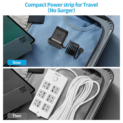Comparison of compact flat plug power strip with USB ports and traditional power strip in a suitcase