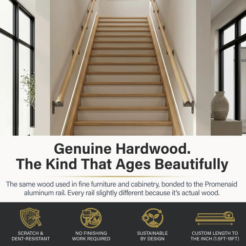 Oak 3-Foot Flush Handrail Kit for Indoor Stairs on staircase with wood-wrapped aluminum rail and matte nickel pivot brackets