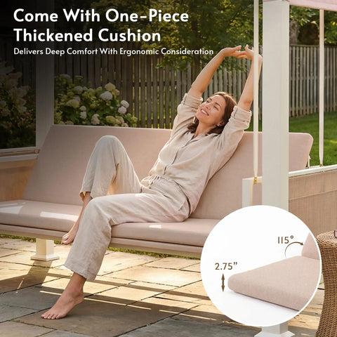 Woman relaxing on a 3-seat outdoor porch swing with stand and canopy, thick cushion, and adjustable backrest.