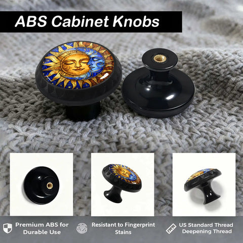 Sun And Moon Cabinet Knobs 4 Pack For Kitchen And Bathroom Boho Stained Glass Drawer Pulls With Gold Sun Face On Gray Fabric