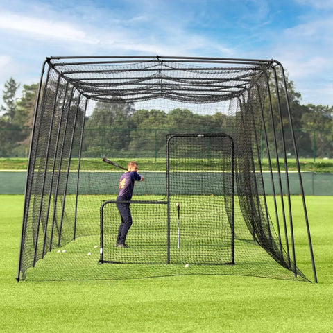 Two Piece Baseball Batting Cage Net Set With Pro Grade, Heavy Duty HDPP Netting For High Velocity Practice, outdoor setup view