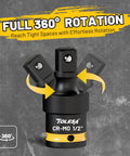 Impact Universal Joint Swivel Socket Set One Half Inch Three Eighth Inch One Quarter Inch Flexible Wobble Drive Kit Built To Last In Premium CR Mo Steel For Heavy Duty Torque And Smooth Access In Tight Spots showing full 360° rotation on a grey background.