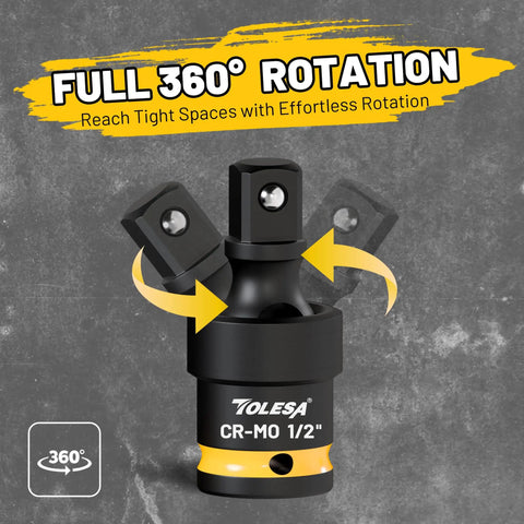 Impact Universal Joint Swivel Socket Set One Half Inch Three Eighth Inch One Quarter Inch Flexible Wobble Drive Kit Built To Last In Premium CR Mo Steel For Heavy Duty Torque And Smooth Access In Tight Spots showing full 360° rotation on a grey background.