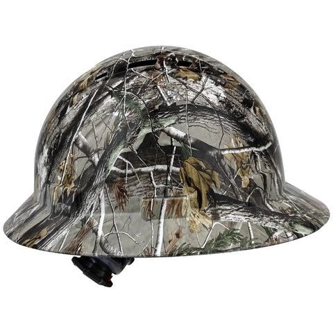 Side view of Camouflage Black Gray Full Brim HDPE Safety Hard Hat with 6 Point Ratchet Suspension, OSHA Compliant Lightweight Work Helmet