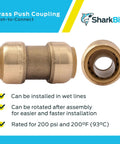 Three Quarter Inch Straight Push To Connect Brass Plumbing Coupling Pack Of 12 No Tools Needed Quick Connect Fittings For PEX Copper CPVC PERT HDPE Pipes In Tight Spaces Easy Snap In U016LF brass push coupling with SharkBite logo and features text.