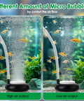2 Inch Nano Air Stone Disk Kit For Aquarium Bubbler With Control Valve, Check Valve, And Suction Cups Ultra Fine Bubbles For Higher Dissolved Oxygen In Fish Tanks, Easy Install, 4 Accessories Included showing different micro bubble outputs in fish tank.