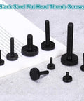 20 Pack M4 X 6mm Knurled Thumb Screws Black Steel Flat Head Metric Bolts With Textured Grip displayed on a textured surface.