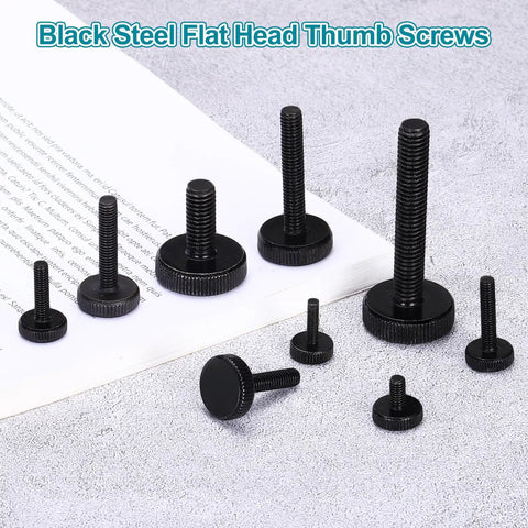20 Pack M4 X 6mm Knurled Thumb Screws Black Steel Flat Head Metric Bolts With Textured Grip displayed on a textured surface.