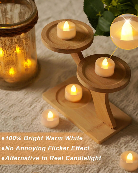 24 Pack Flameless LED Tea Lights Battery Operated Warm White Flickering Mini Candles on Wooden Stand for Safe Decor