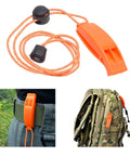 2X Survival Whistles With Lanyards And 2X Reflective Signal Mirrors clipped to belt and backpack