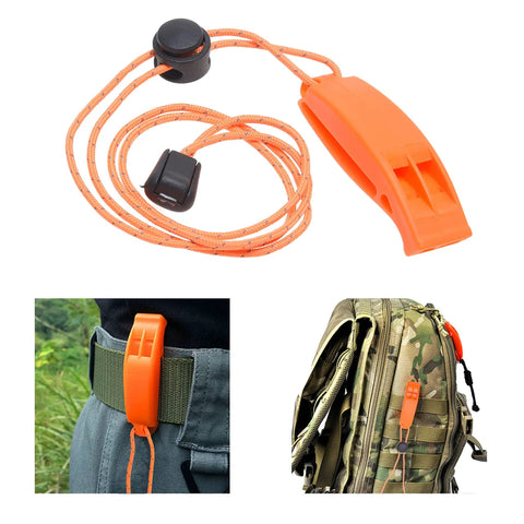 2X Survival Whistles With Lanyards And 2X Reflective Signal Mirrors clipped to belt and backpack