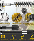 Pro Grade 14 Piece Bore Brush Set With Dual Material Stainless Steel And Brass Brushes, illustration of components with hex shank.