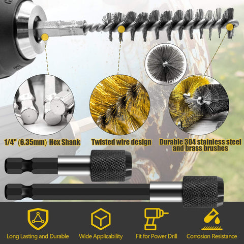 Pro Grade 14 Piece Bore Brush Set With Dual Material Stainless Steel And Brass Brushes, illustration of components with hex shank.