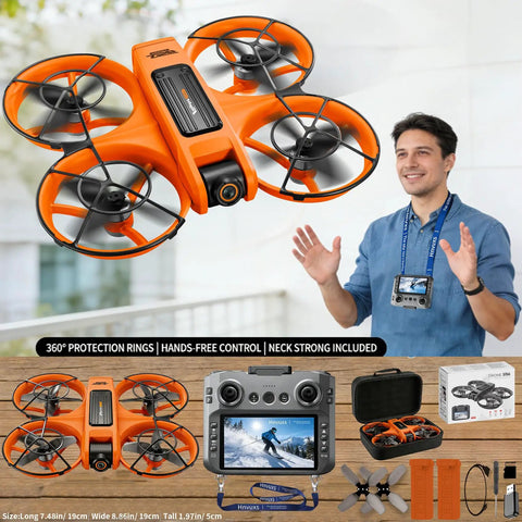 Drone With Built In 4.5 Inch FHD Screen Remote No Phone Needed 2K Dual Cameras 40 Minute Flight Brushless Motors Obstacle Avoidance Auto Hover Follow Me One Key Takeoff Landing 360 Flip Includes 2 Batteries Mini Drone For Beginners with accessories and packaging.