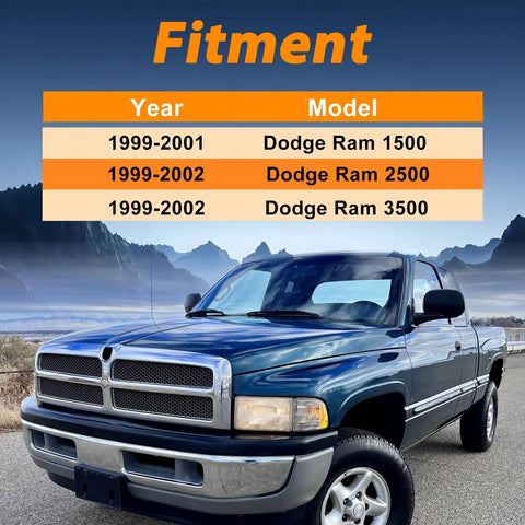 Fitment guide for Dodge Ram Temperature Door Servo Coupling Replacement 05012923AB 5012923AB with Ram truck in background.