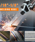 Portable Arc Welder Gun 110V 120A with IGBT inverter welding metal using 1/16 to 1/8 inch rods, sparks visible