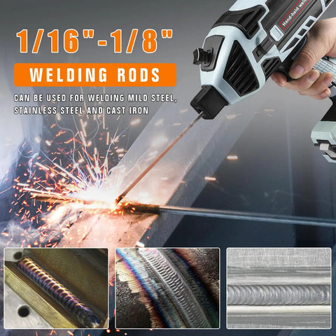 Portable Arc Welder Gun 110V 120A with IGBT inverter welding metal using 1/16 to 1/8 inch rods, sparks visible