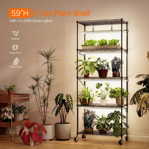 Five Tier Plant Stand With Four 24W Full Spectrum T8 Grow Lights for indoor plants in living room.
